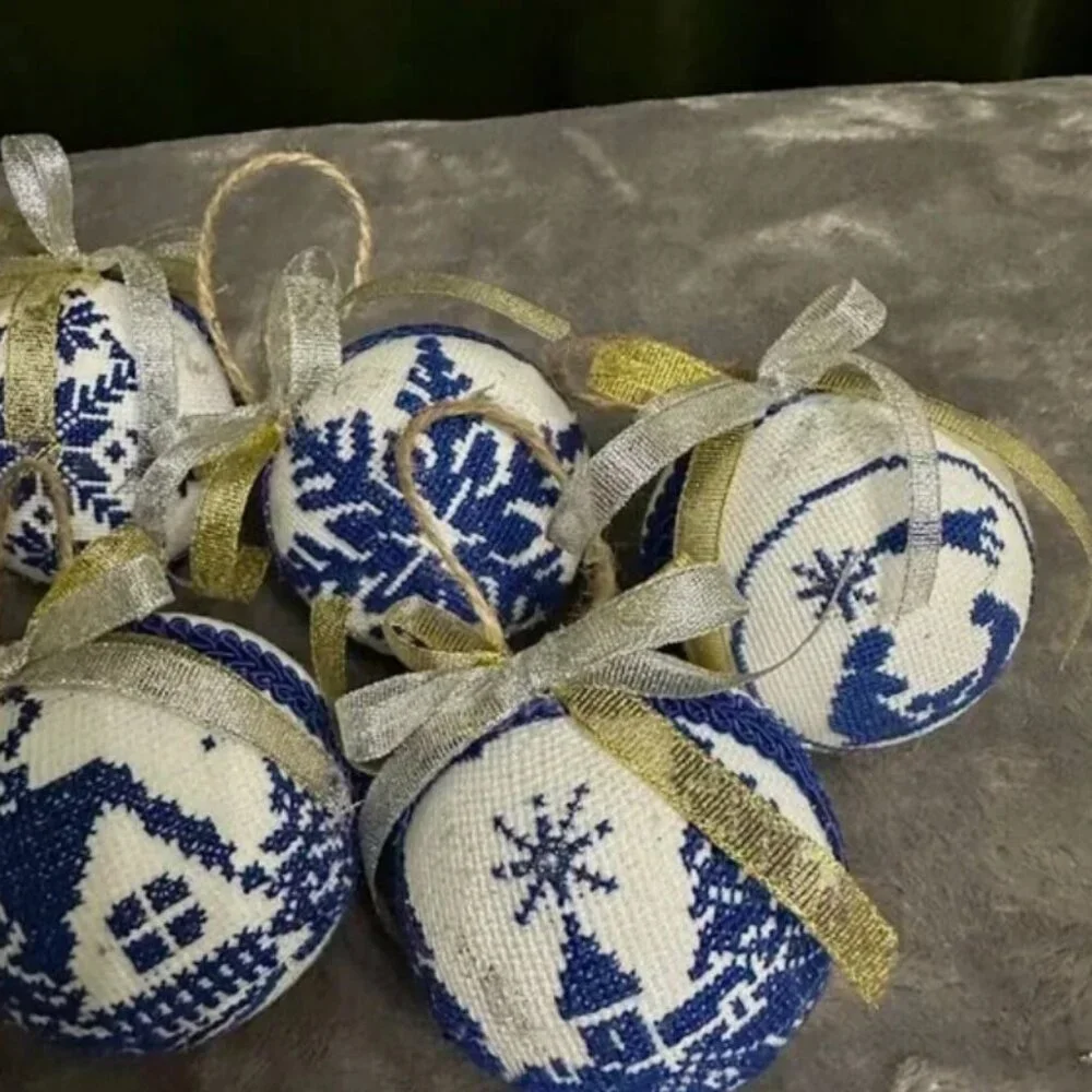 Set of 6 Handcrafted Embroidered Christmas Ornaments–Blue and White Nordic Style - Picture 12 of 13